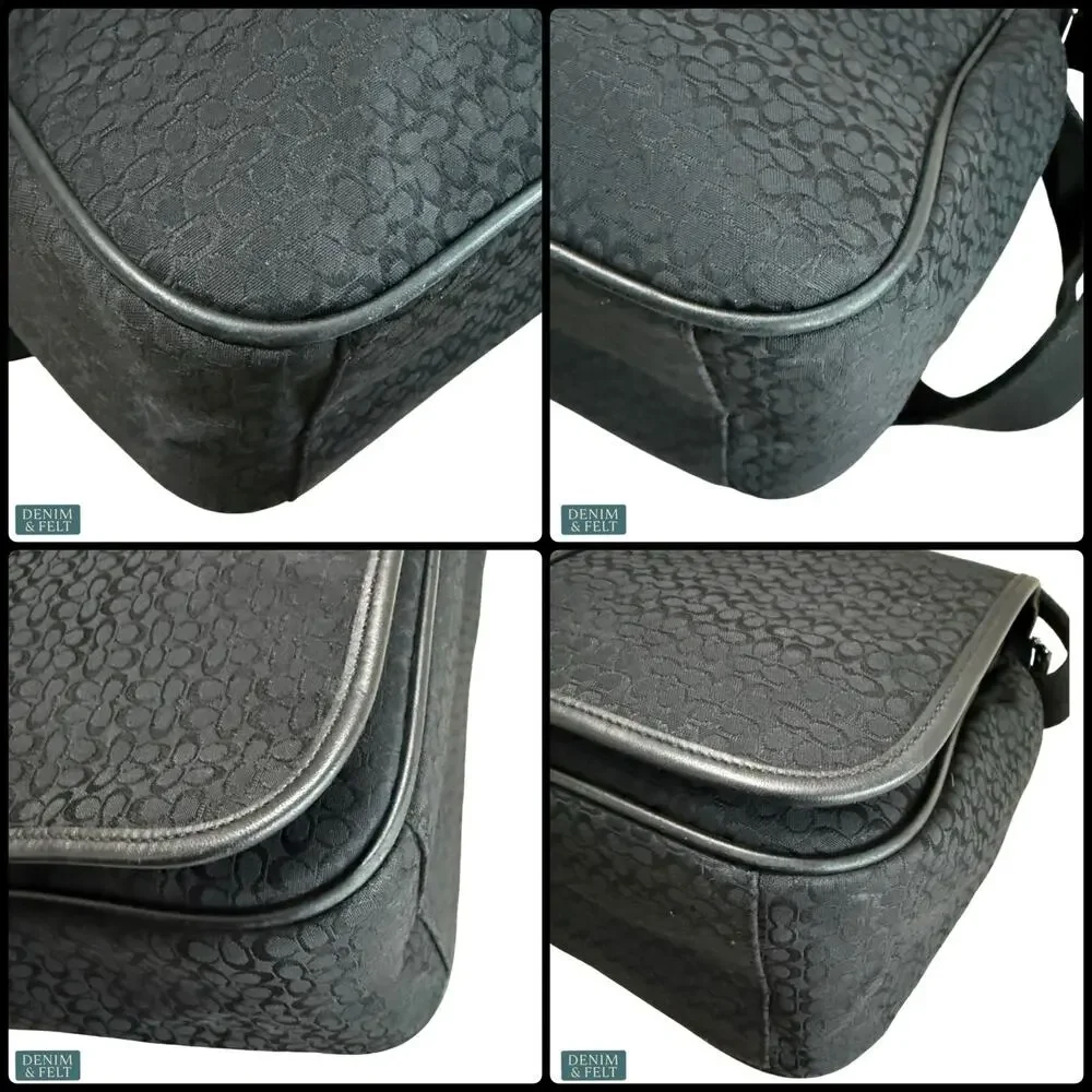 Coach Signature Hudson Messenger Laptop Bag Black‎ Canvas Leather Trim Briefcase